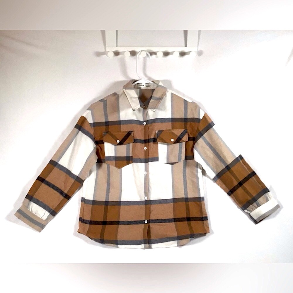 SHEIN Kids Brown Plaid Button Down Flannel Shirt